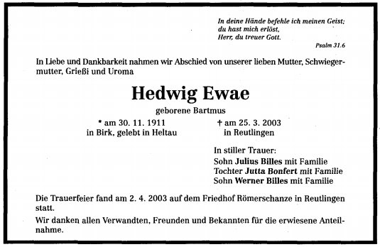 Bartmus Hedwig 1911-2003 Todesanzeige